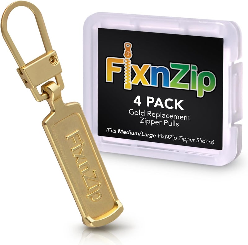 FixnZip Medium to Large Gold Zipper Pull Replacements (4-Pack) | Universal Clip-On Pull Tabs for Zipper Repair, Sliders & Luggage, Jackets, Backpacks, Tents, Sleeping Bags & Outdoor Gear - Image 1